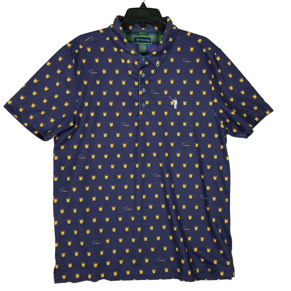 William Murray Polo Shirt Men Large Navy Blue Old Fashioned Cocktail Print Golf